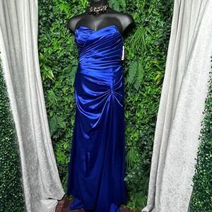 Y2K Juliet Dress Large Blue Strapless Ruched Pleated Satin Formal Gown USA 3221